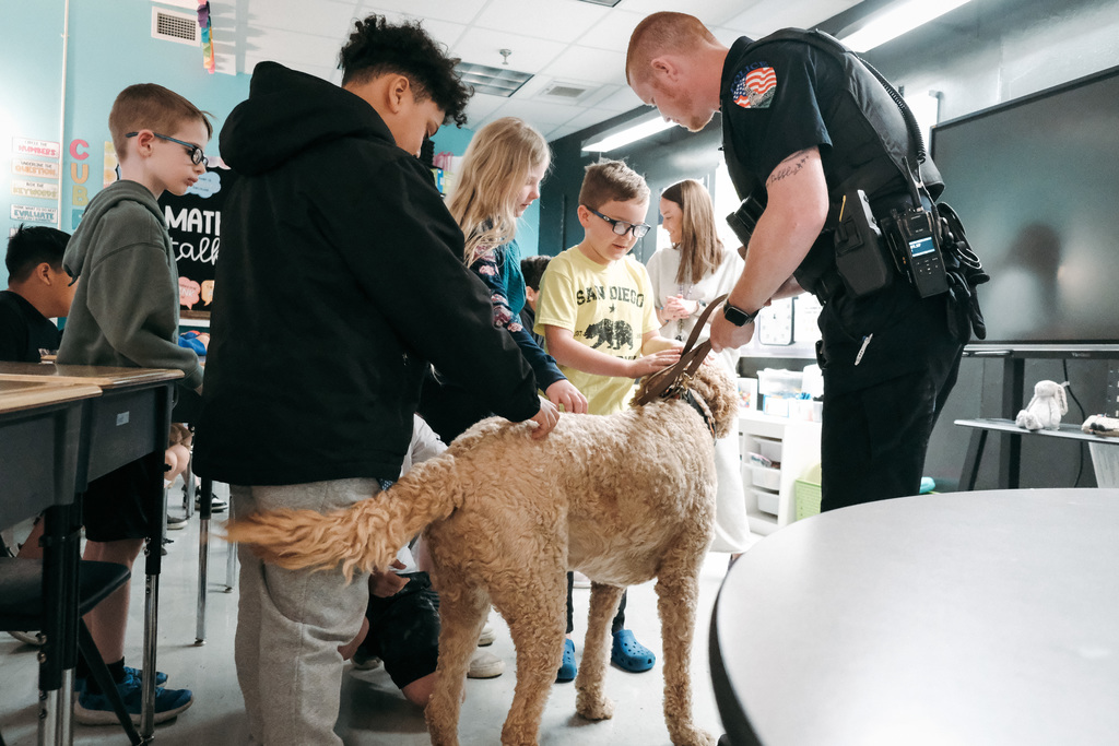 Officer Michael Rothermel and K9 Buddy visit Ms. Fraley's Classroom