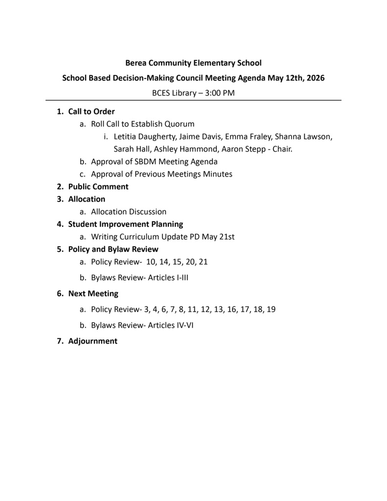 BCES SBDM Meeting Tuesday May 12