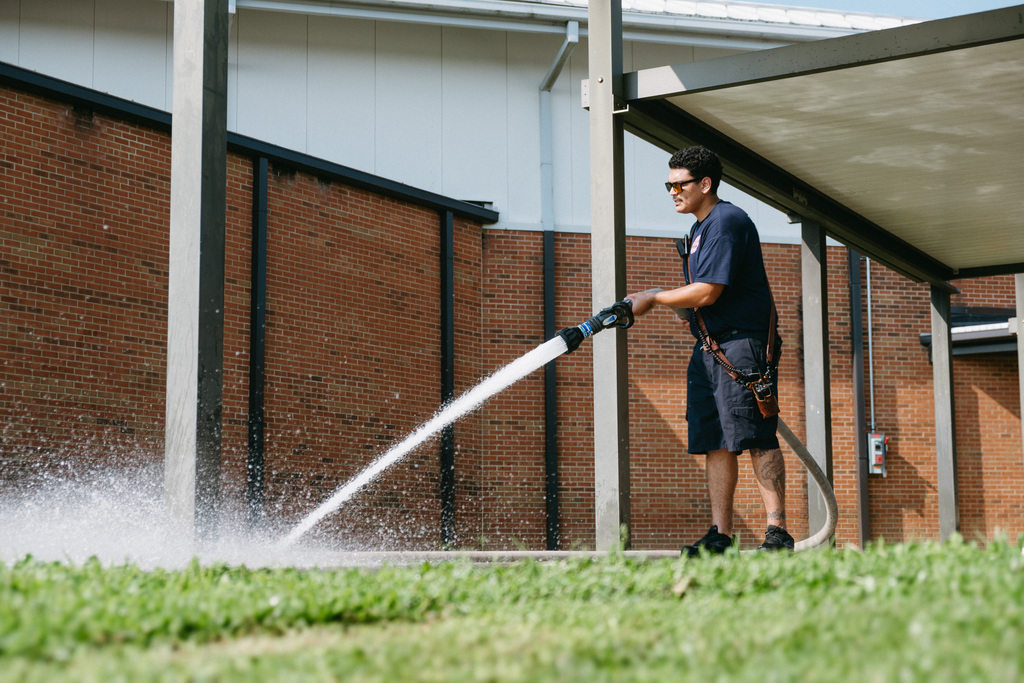 Fire Hose Cleaning School Sidewalks