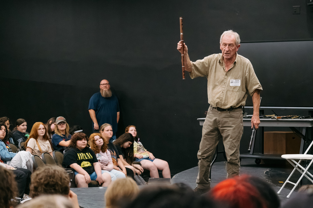Irish Flute player John Skeleton gives presentation for students