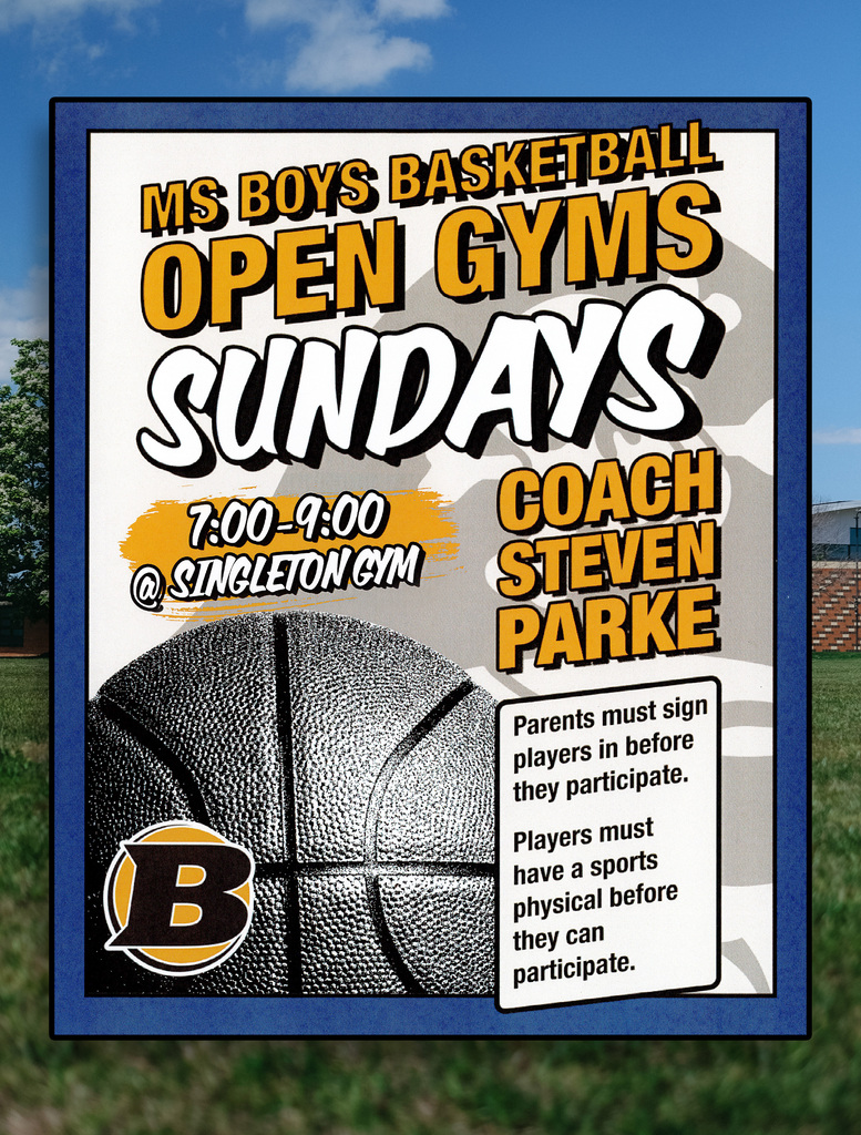 Middle School Boys Basketball Open Gyms on Sundays from 7-9