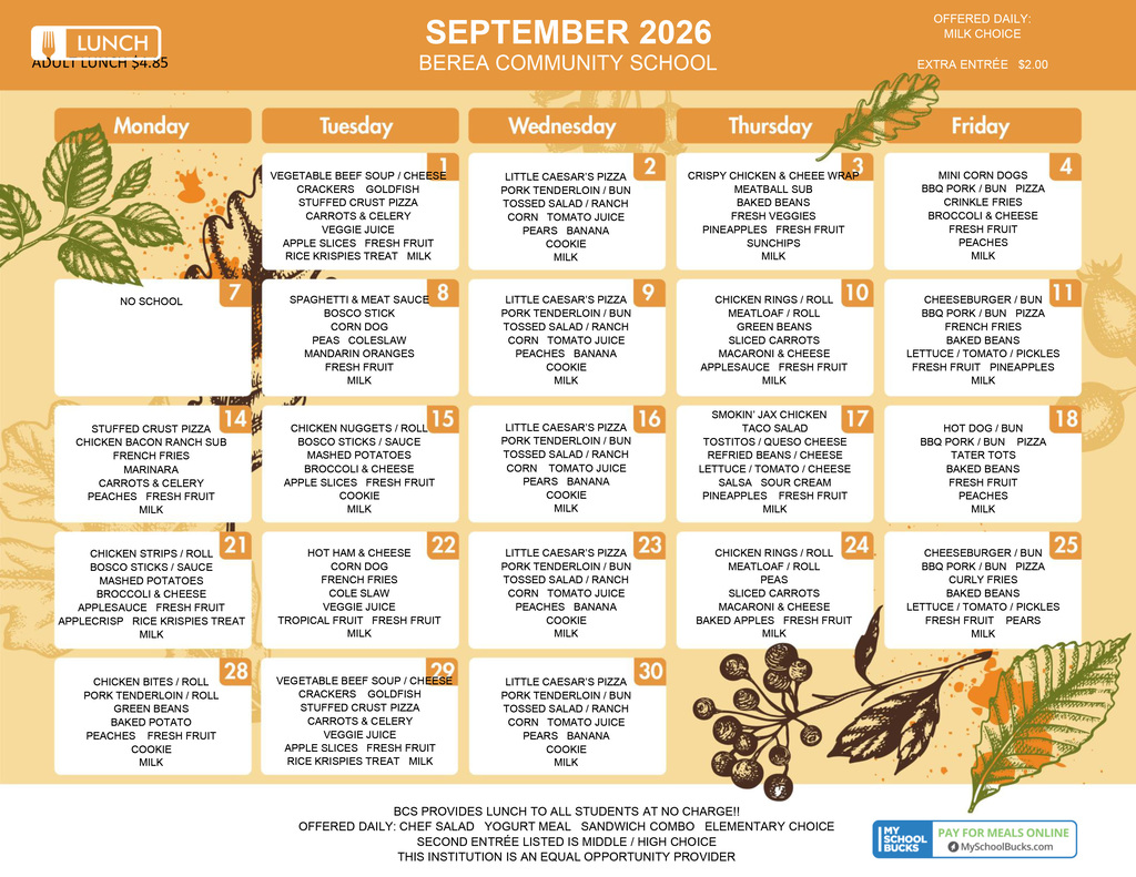 September Lunch Menu