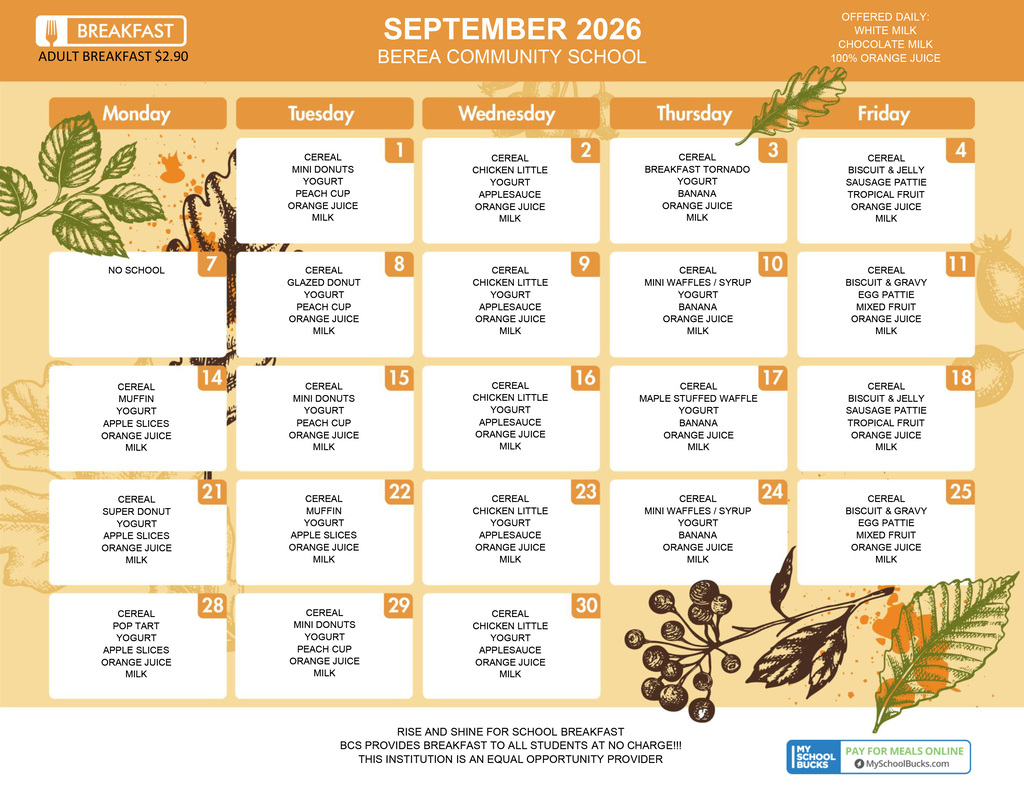 September Breakfast Menu