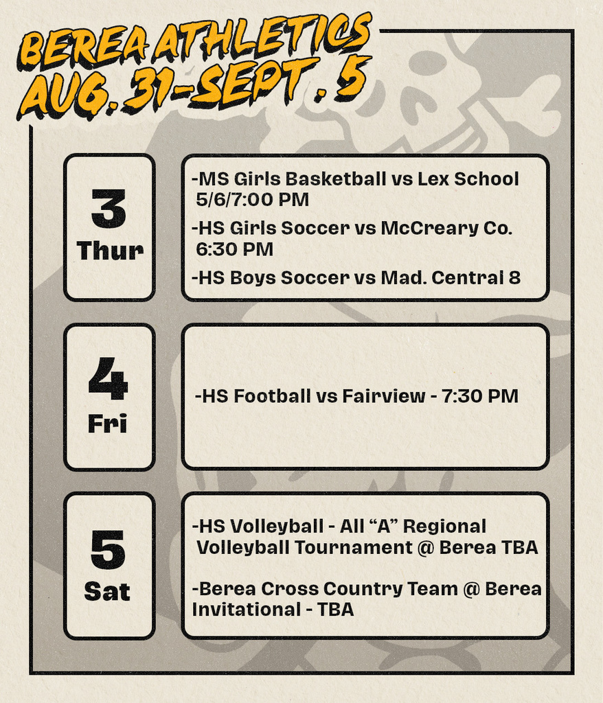 Berea Athletics Aug. 31-Sept. 5