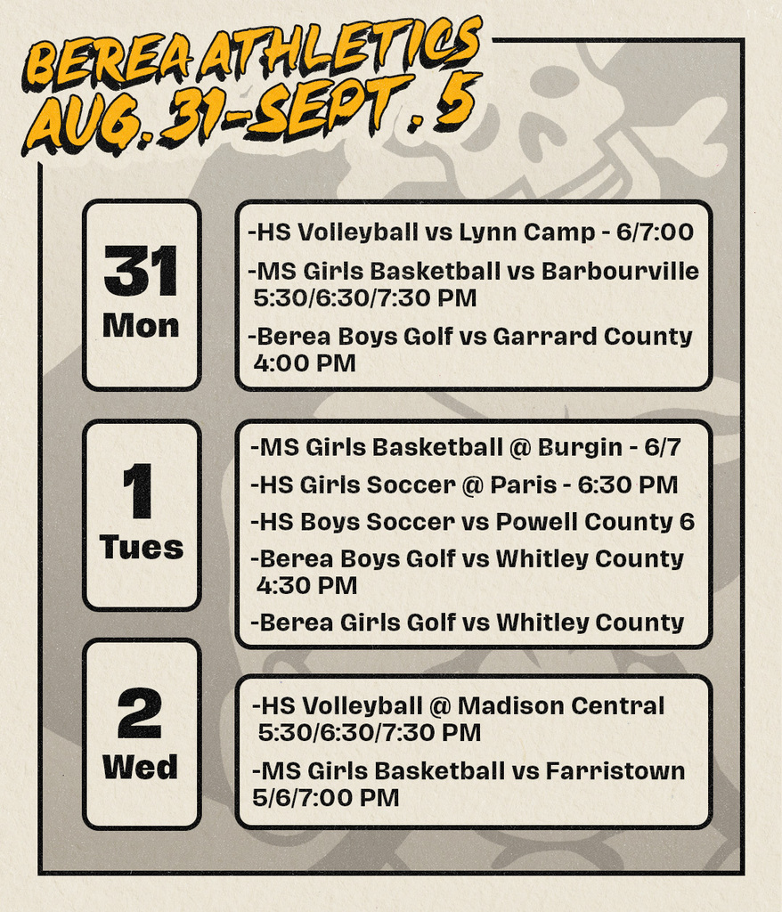 Berea Athletics Aug. 31-Sept. 5