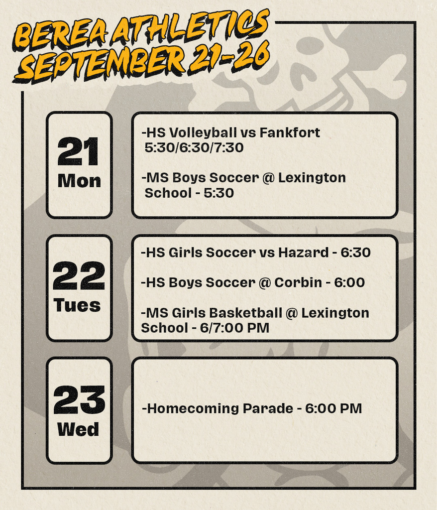 Berea Athletics Schedule September 21-26