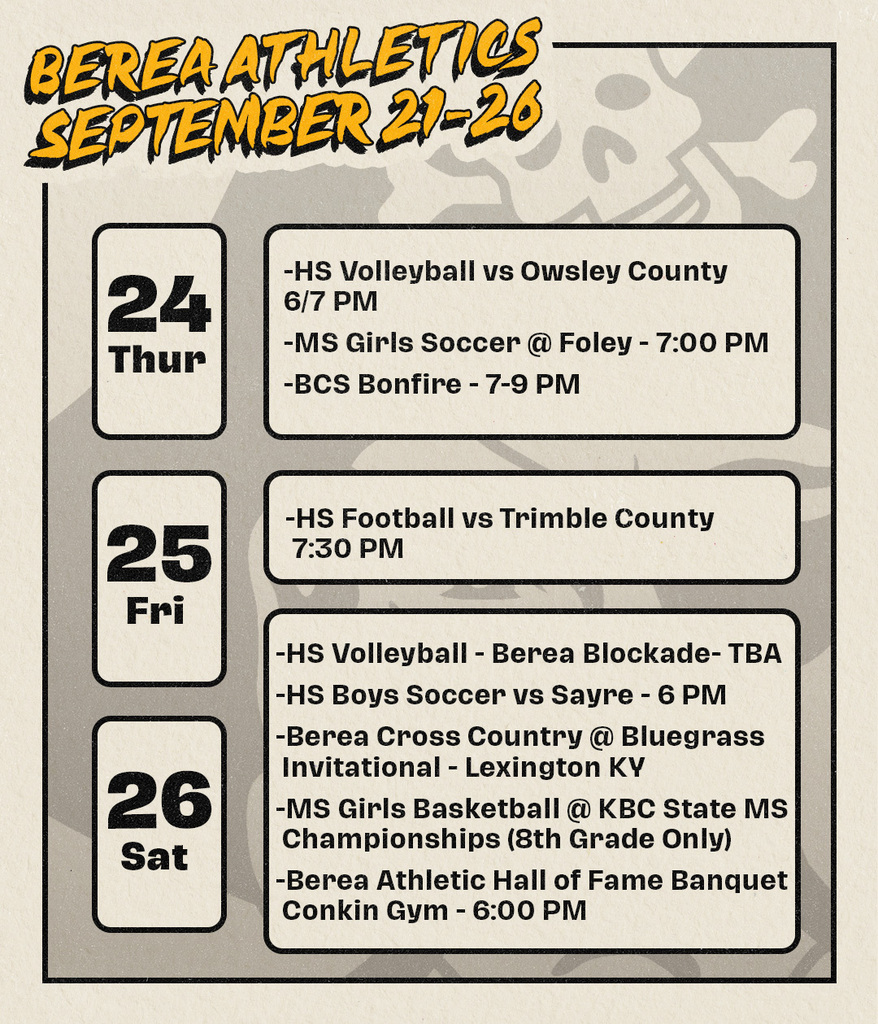 Berea Athletics Schedule September 21-26