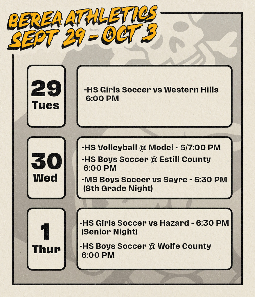 Athletics Schedule Sept. 29 - Oct. 3