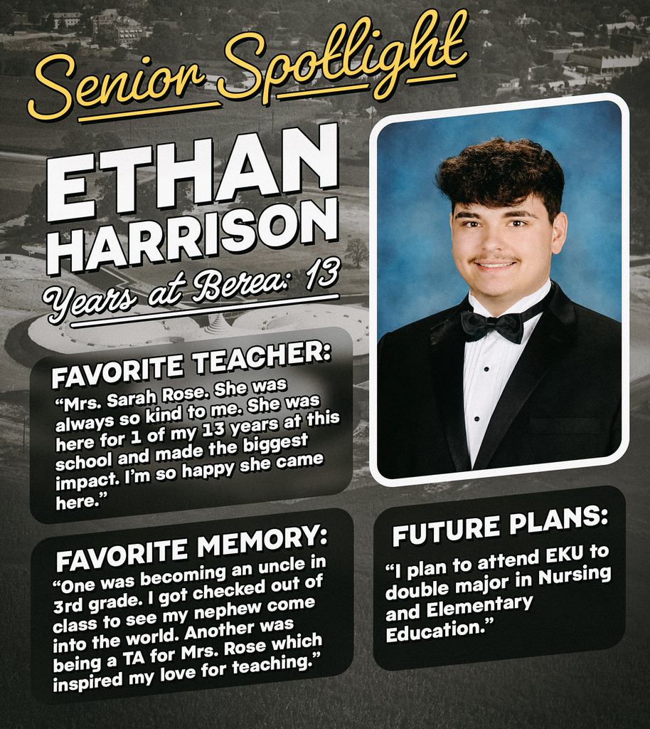 Senior Spotlight of Senior Ethan Harrison. Includes a photo of Ethan, and text describing his favorite teacher, memory, and future plans