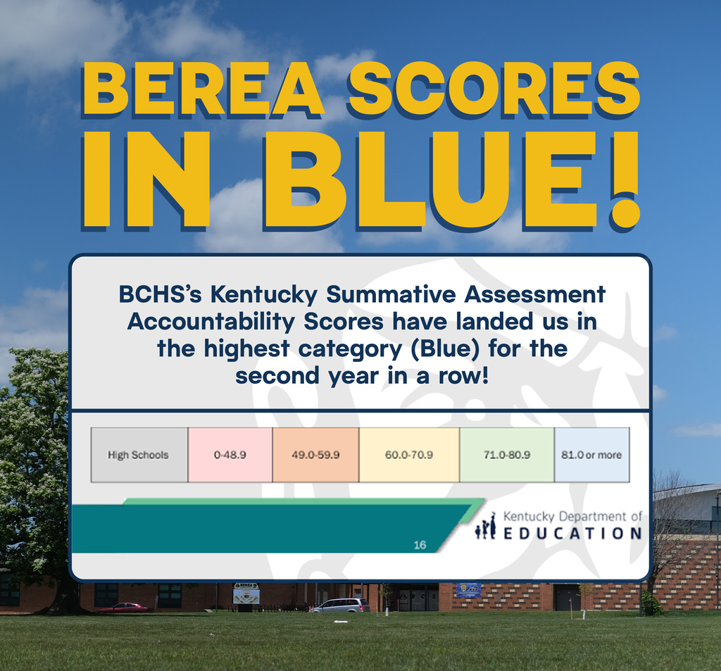 Graphic explaining Berea Community High School's Blue Tier Ranking in Kentucky's Summative Assessment Accountability Scores