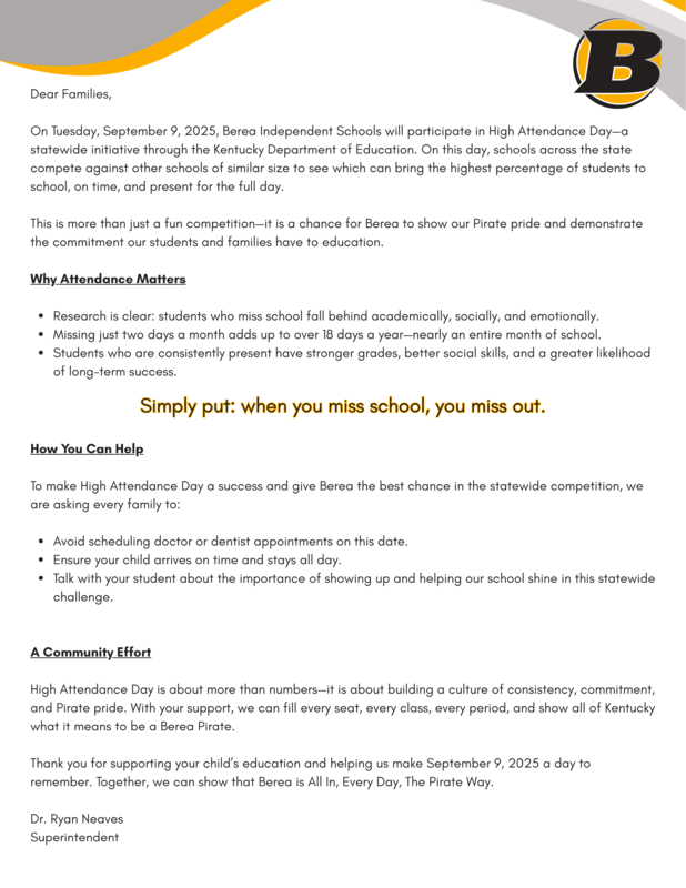 Letter about the upcoming high attendance day