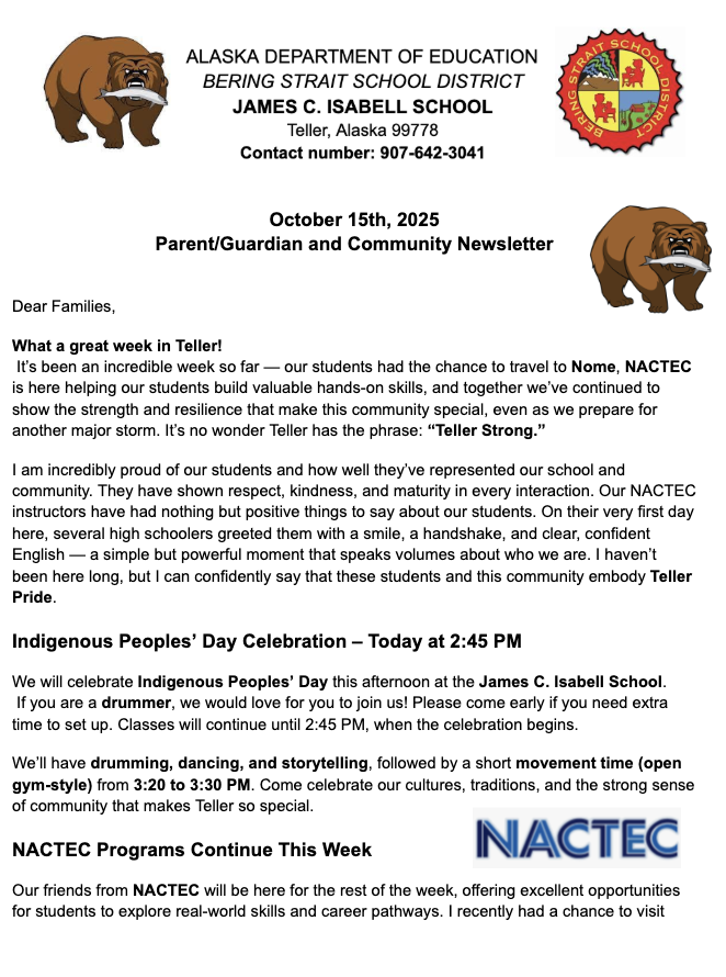 Community Newsletter Teller Alaska October 15th 2025