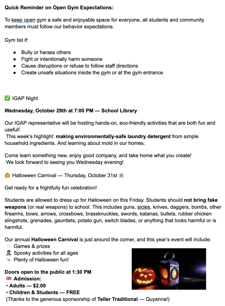 Teller School Family Newsletter October 29th  2