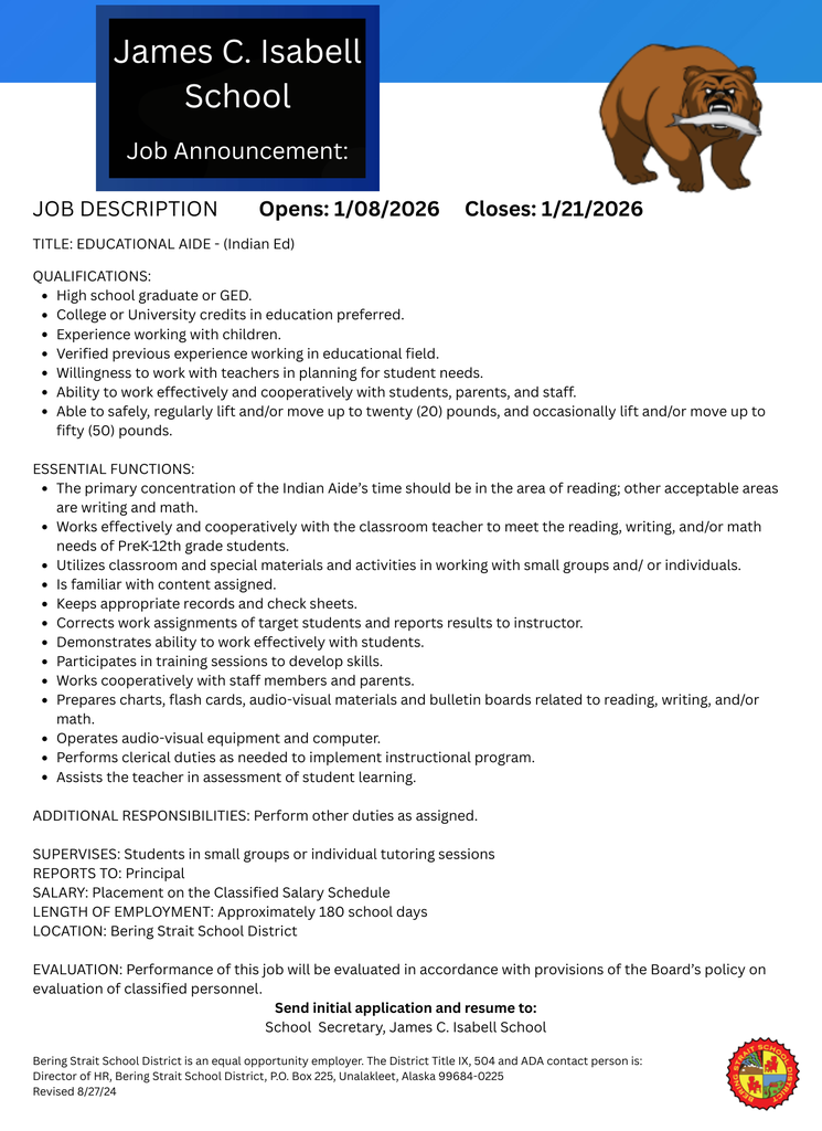 JOB DESCRIPTION TITLE: EDUCATIONAL AIDE - (Indian Ed) Teller School 8 x 11