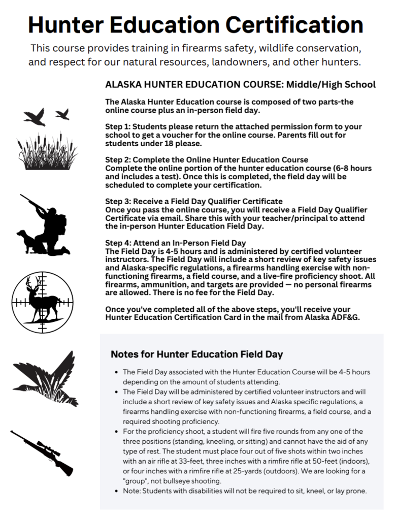 Hunter Education Certification Student consent form Teller Alaska