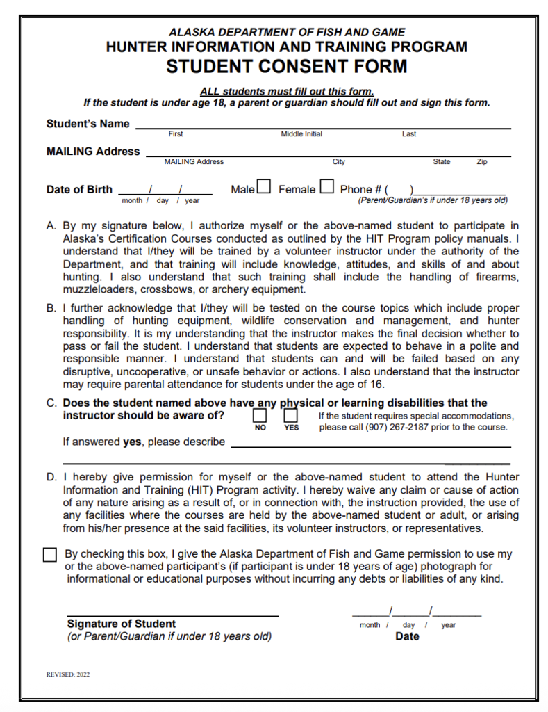 Hunter Education Certification Student consent form 2 Teller Alaska