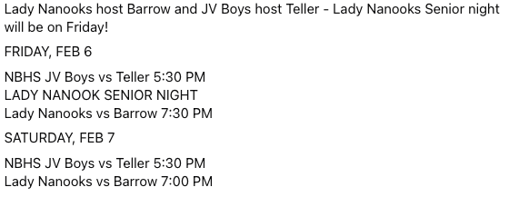 Nome Schedule Feb 6th
