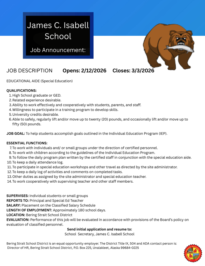 Ed. Aide. Special ed Aid Teller 3.3.2026