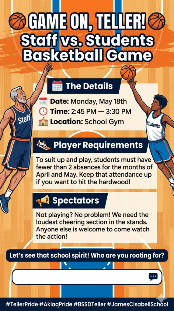 Staff Vs. Student Basketball Game May 18th 245 to 330