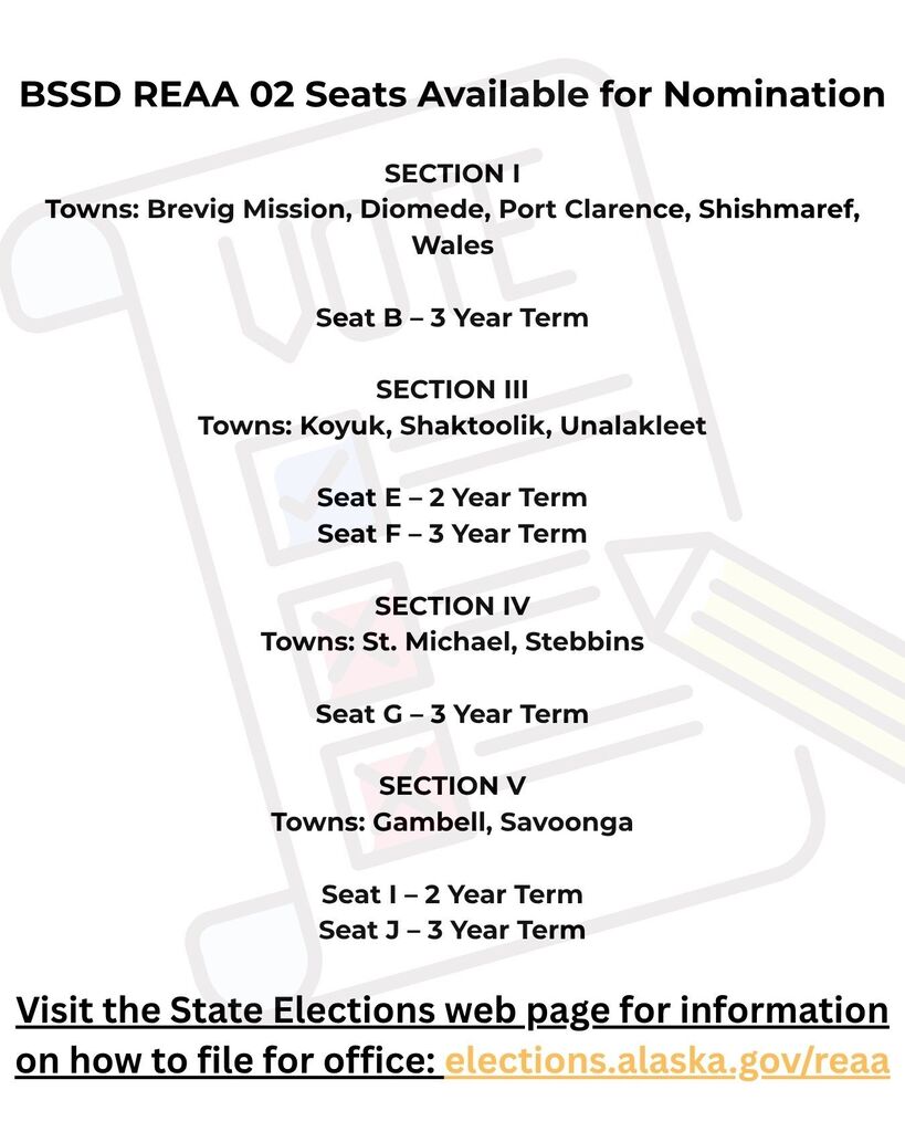 BSSD REAA 02 Seats Available for Nomination Visit the State Elections web page for information on how to file for office: elections.alaska.gov/reaa