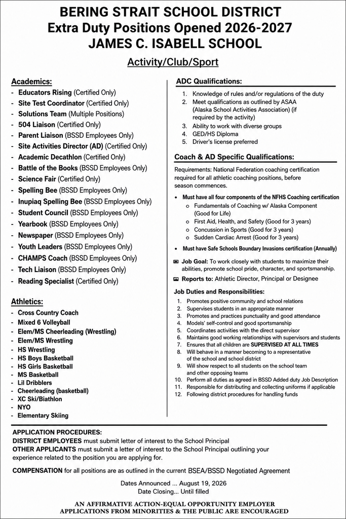 Extra Duty Positions Open FY27 Teller