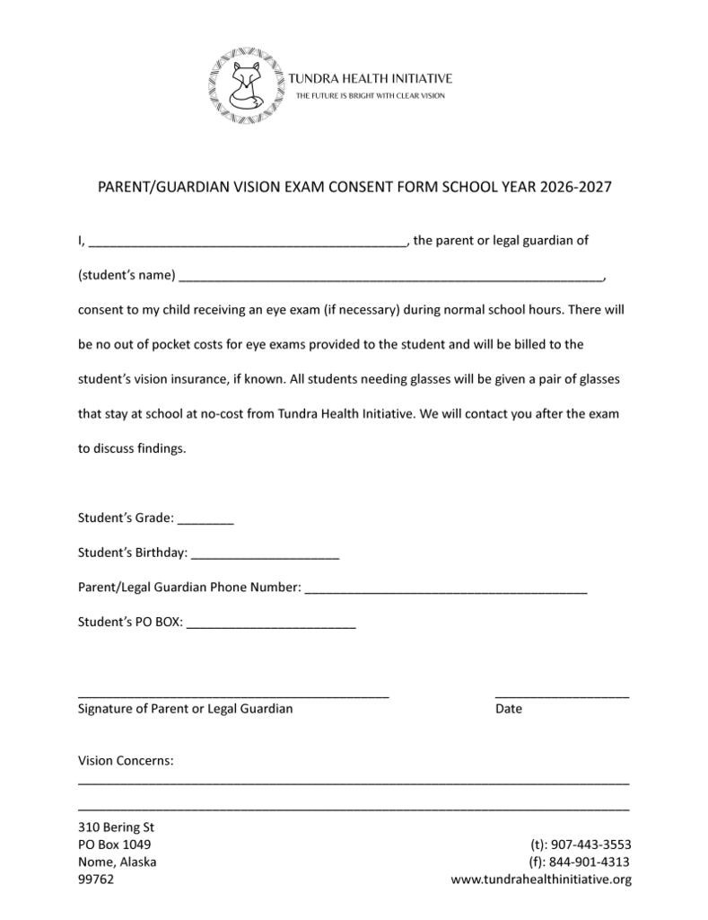 THI Tundra Parent consent for eye testing 2026 2027