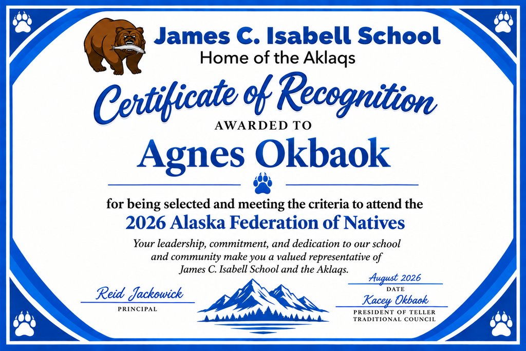 Certificate of Recognition award Agnes Okbaok AFN August 2026