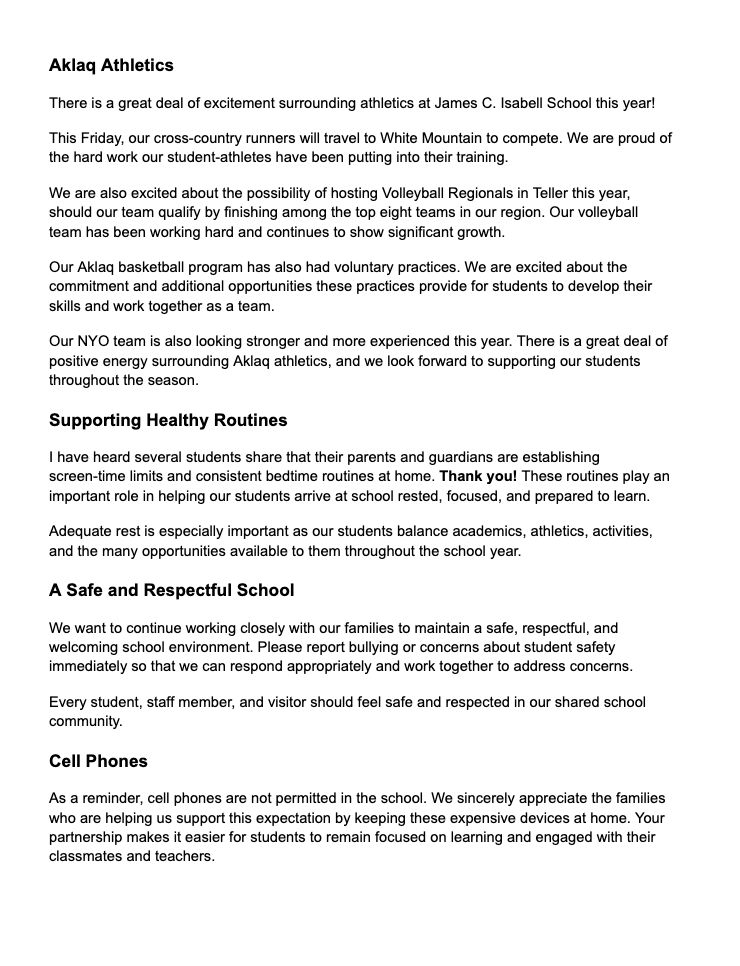 Teller School Community Letter September 16th 2