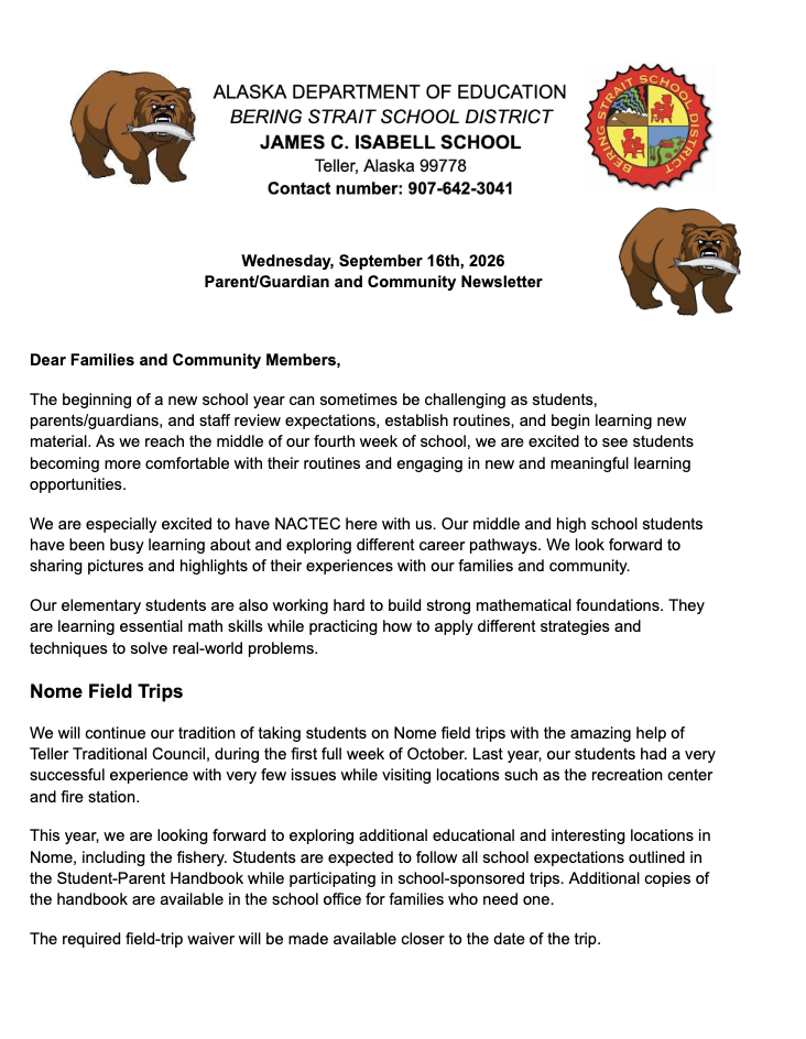 Teller School Community Letter September 16th