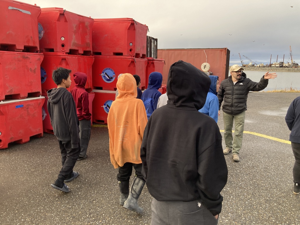 Totes at the Norton Sound Seafood Products facility tour nome field trip