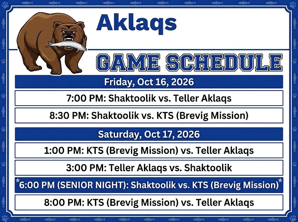 Game Schedule Aklaqs at Brevig October 16 to 17