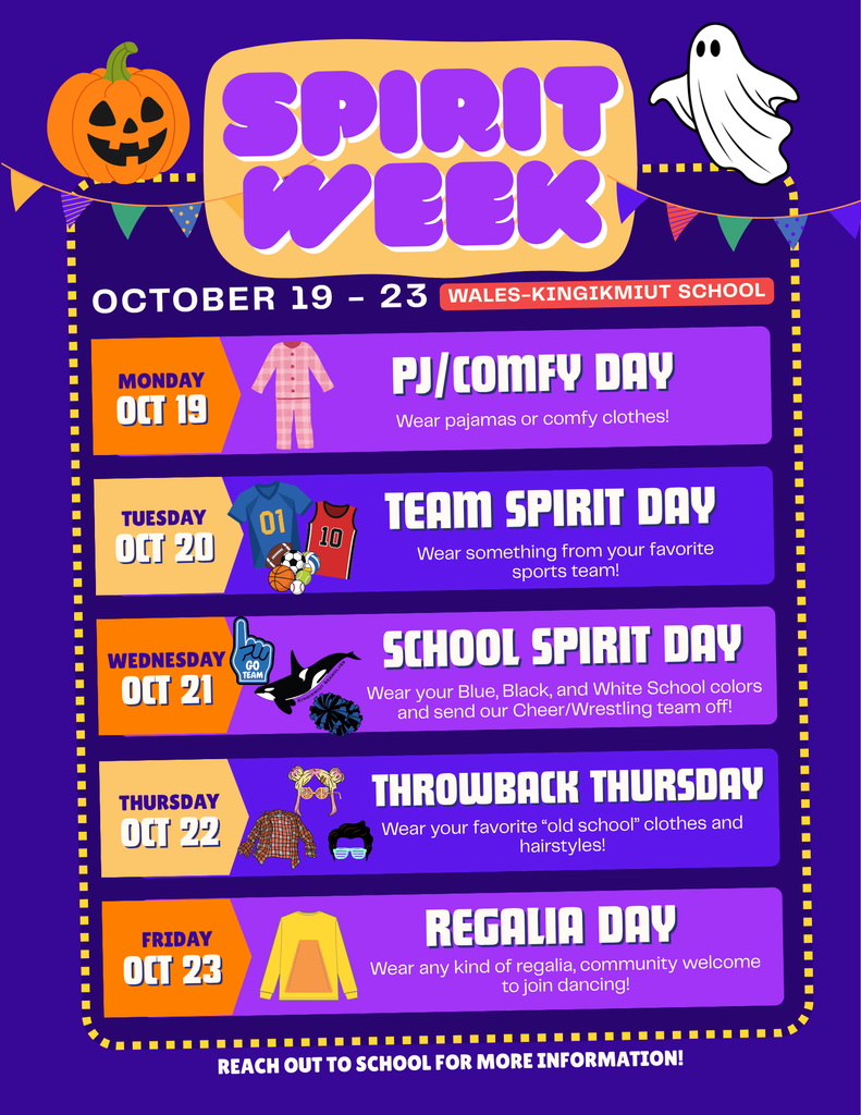 Spirit Week! October 19-23. Mon. (19th) PJ/Comfy day, Tues. (20th) Team Jersey day, Wed. (21st) School Spirit Colors day, Thurs. (22nd) Throwback outfits/hairstyles day, Fri. (23rd) Regalia day