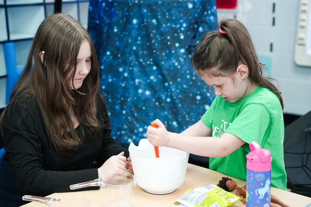 two girls with mixing bowl