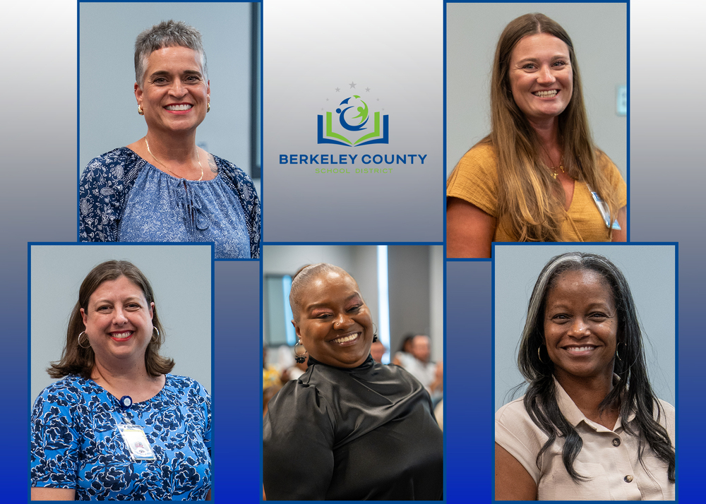 collage of headshots from recent employees on a blue to white gradient with the Berkeley County School District logo