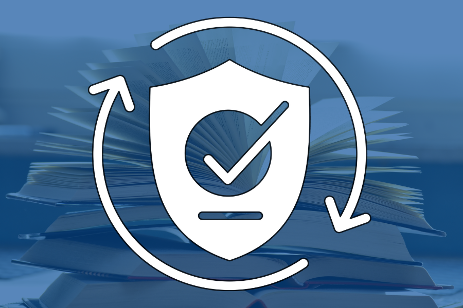 check mark overlaid a book on a blue background filter