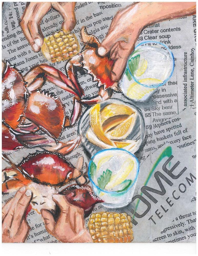 a drawing of people eating crabs