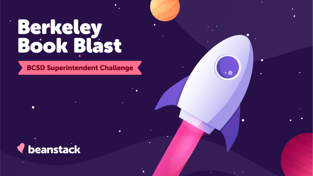 "Berkeley Book Blast" BCSD Superintendent Challenge with space background with a rocket flying by