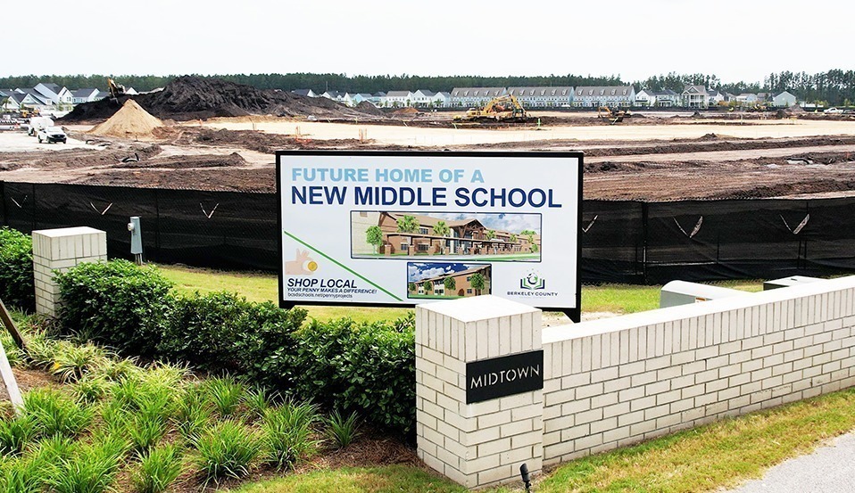 "Future Home of a New Middle School" sign in  front of construction site