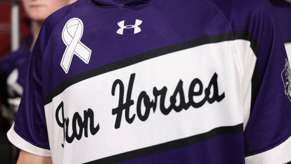 Iron Horses practice jersey with lung cancer ribbon sticker