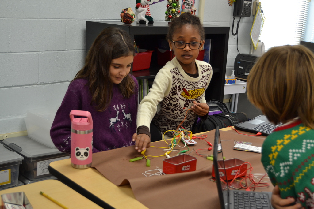 4th grade students at HHA using Makey Makey, celery and their bodies to play piano notes 