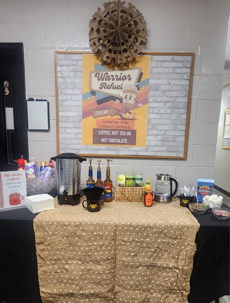 Display of hot beverage station with coffee, tea and hot chocolate