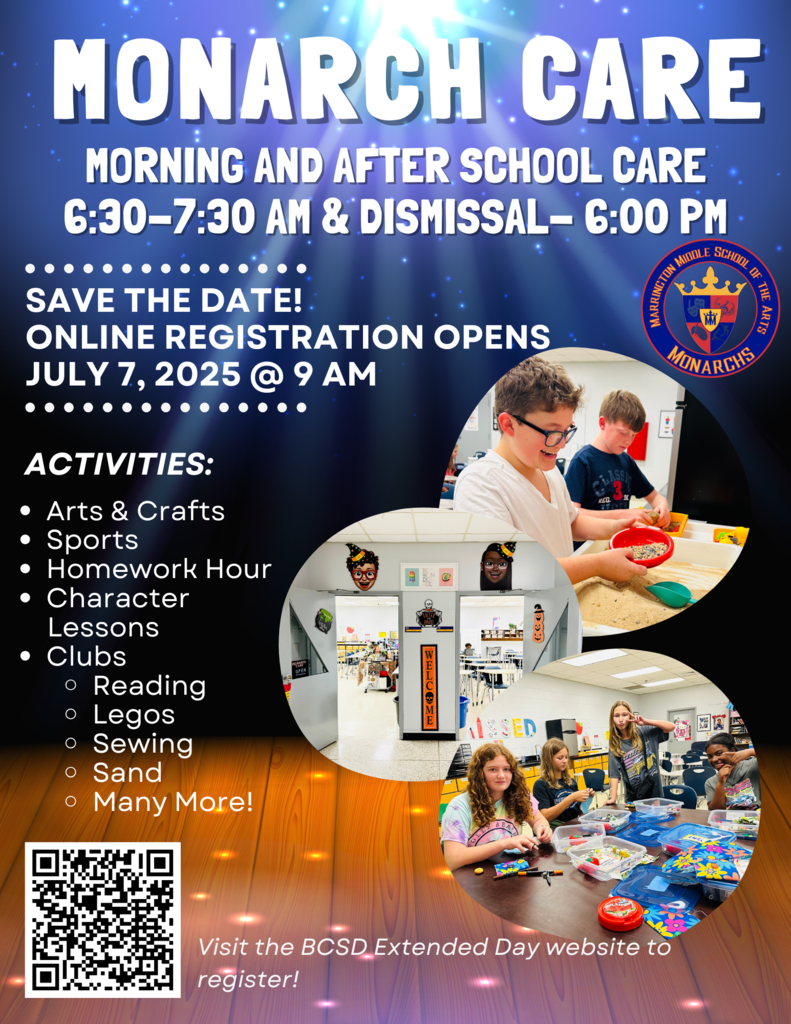 Registration for morning and after school care at Marrington Middle School is now open!