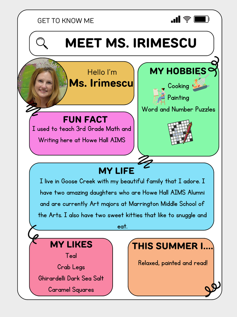 Ms. Irimescu teaches Art