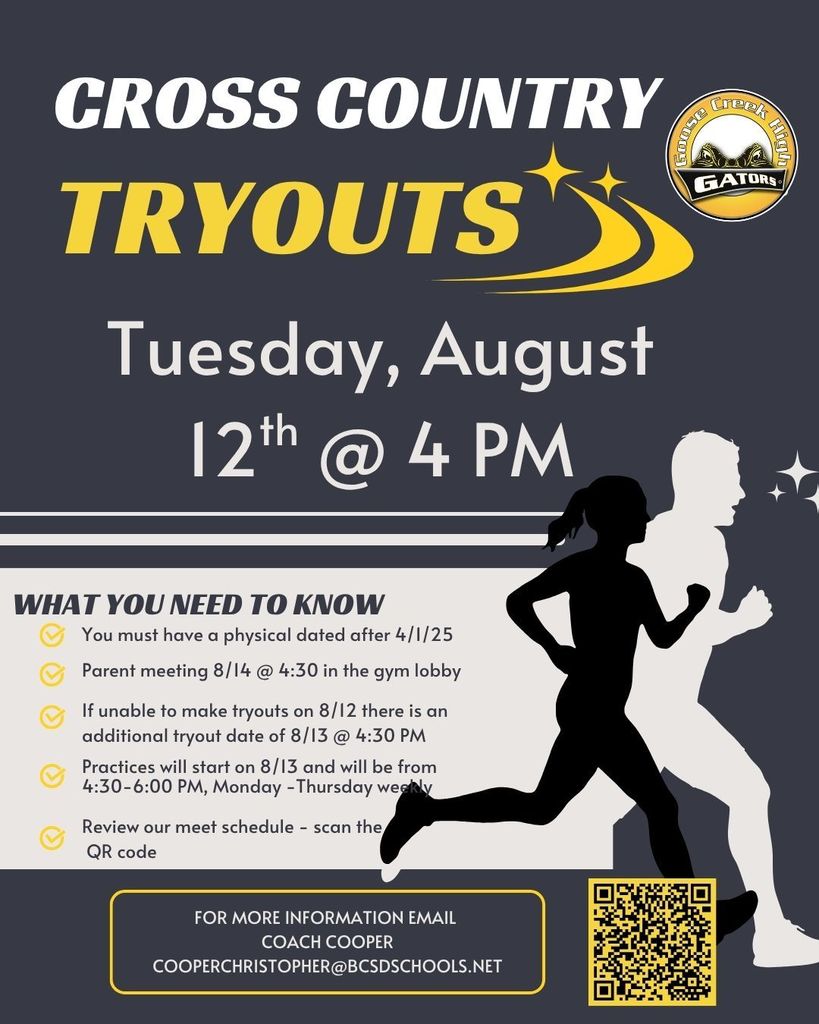 Cross Country Tryouts Tuesday, August 12th at 4:00PM WHAT YOU NEED TO KNOW  You must have a physical dated after 4/1/25  Parent meeting 8/14 @ 4:30 in the gym lobby  If unable to make tryouts on 8/12 there is an additional tryout date of 8/13 @ 4:30 PM  Practices will start on 8/13 and will be from 4:30-6:00 PM, Monday - Thursday weekly  FOR MORE INFORMATION EMAIL  COACH COOPER  COOPERCHRISTOPHER@BCSDSCHOOLS.NET 