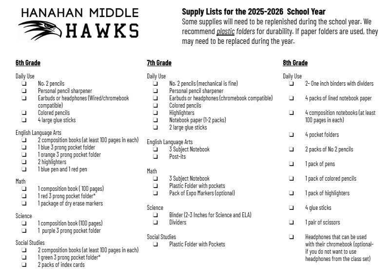 Supply lists for grades 6-8
