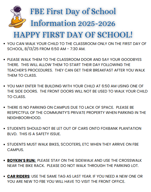 First Day School Reminders for FBE