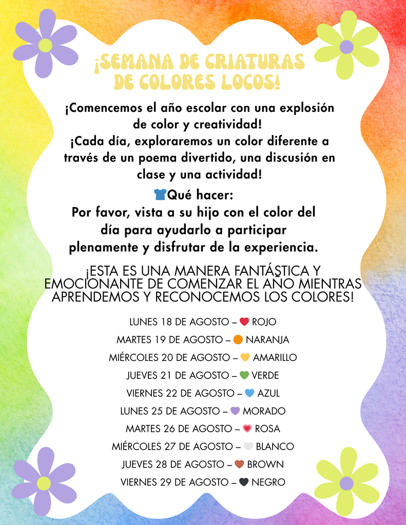 La semana del color continúa del 25 al 29 de agosto de 2025. El lunes, vístete de morado, el martes, de rosa, el miércoles, de blanco, el jueves, de marrón y el viernes 29, de negro.