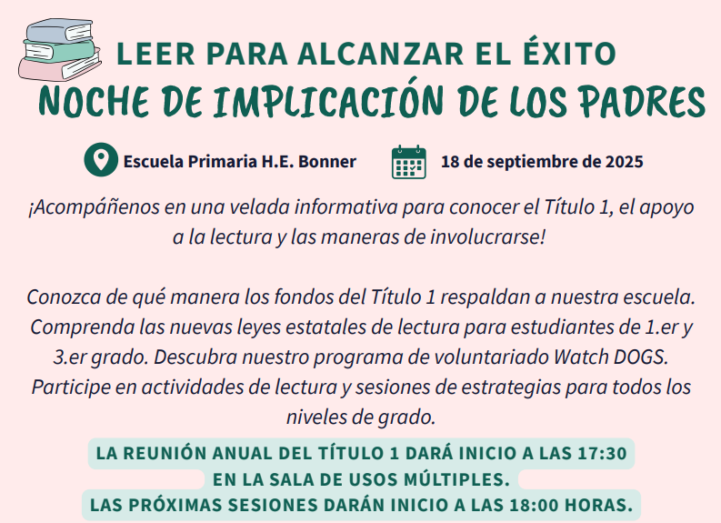 Invitamos a las familias a nuestra noche de participación de padres para aprender más sobre el Título 1 y las leyes de lectura para el éxito vigentes para estudiantes de 1.er y 3.er grado. Esta publicación incluye un enlace para confirmar asistencia.