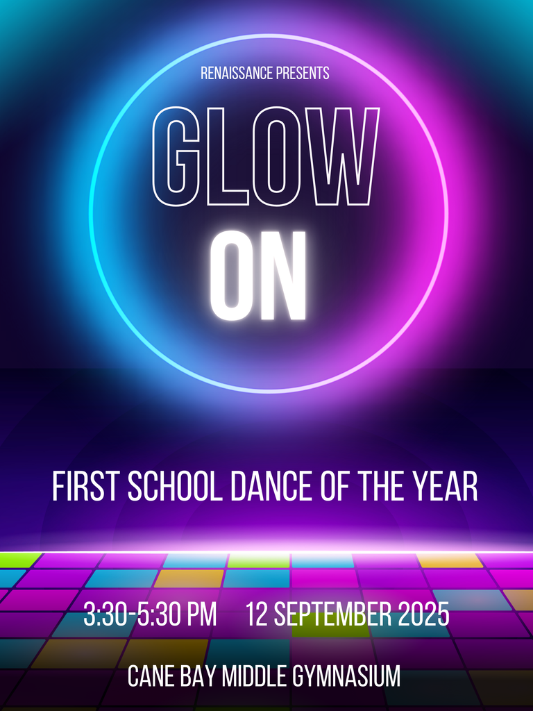 🎉✨ Get ready to GLOW, Cobras! ✨🎉 Our Glow Dance is happening next Friday from 3:30–5:30 PM and ALL grades are invited! 🕺💃 🎟️ Tickets: $5 (on sale every morning in the Commons!) 🥤🍪 Refreshments will be available for purchase during the dance. Come dressed to shine, light up the dance floor, and make unforgettable memories with your friends! 🌟🪩💚💛