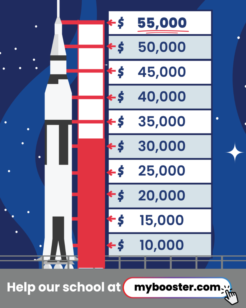 Rocket ship next to thermometer showing how much money our school has raised! It is currently at $30,708.